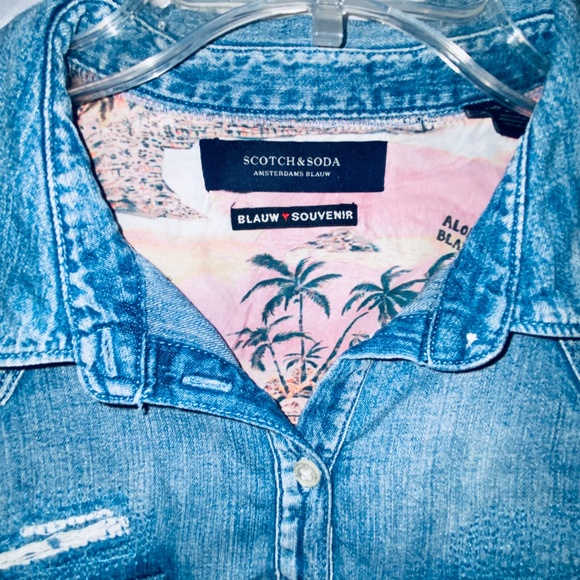 SCOTCH & SODA Ams Blauw Shirt distressed Cotton Denim Style Half-Button sz L - Picture 4 of 11